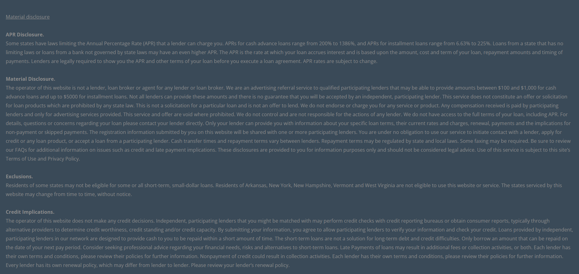 Material disclosure for payday loans in Anaheim California